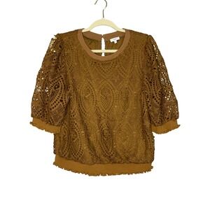 VOY Camel Brown Crochet‎ Lace Puff Sleeve Top Women's Size L